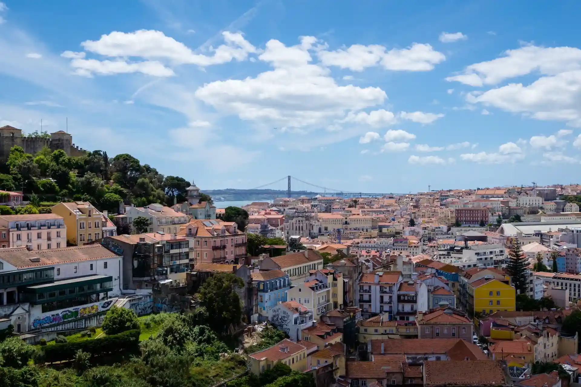 Miradouro da Graça (1) Cientos de casas vista desde un mirador y el cielo azul con algunas nubes